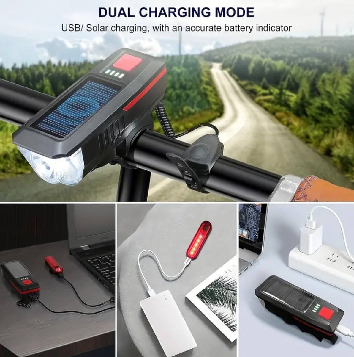 Комплект Велосипедний Фара + Стоп + Сигнал на сонячних батареях і USB